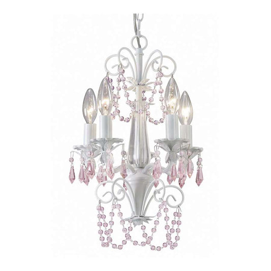 Canarm Danica 13in 5-Light Chandelier | White and Pink Crystal | Dining Room & Bedroom | 13 x 18 x 13 in | Model ICH171B05WH