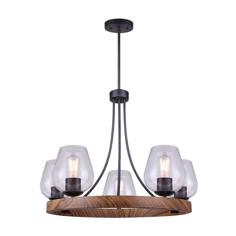 Canarm Artie 26in 5-Light Chandelier | Industrial Matte Black and Faux Wood with Clear Glass | Kitchen Island & Dining Room | Model ICH749B05BKW