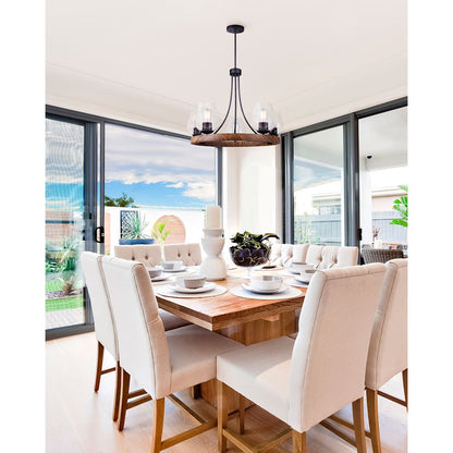 Canarm Artie 26in 5-Light Chandelier | Industrial Matte Black and Faux Wood with Clear Glass | Kitchen Island & Dining Room | Model ICH749B05BKW
