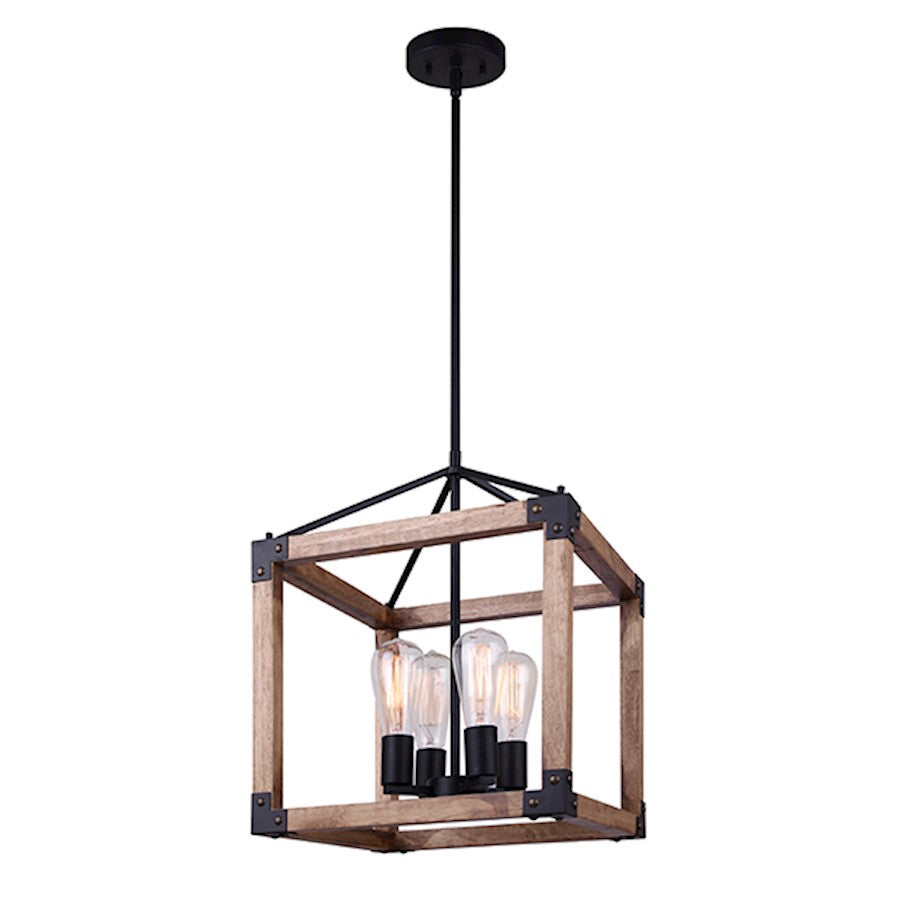 Canarm Moss 14in 4-Light Chandelier | Black Metal and Real Wood | Dining Room & Living Room | 14 x 14 x 21 in | Model ICH756A04BKW14