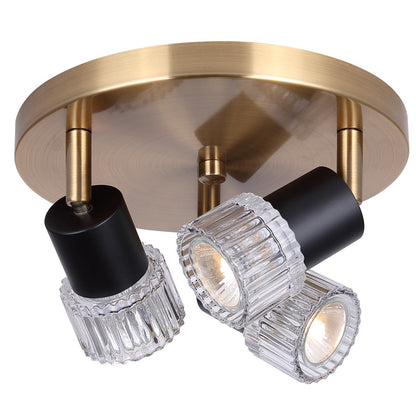 Canarm Elsee 10in 3-Light Track Lighting | Black/Gold Steel and Clear Ribbed Glass | Kitchen & Living Room Accent | Model ICW1161A03BKG10