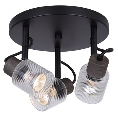 Canarm Owen 13in 3-Light Flush Mount | Industrial Matte Black and Clear Ribbed Glass | Bedroom & Living Room | 13 x 9 x 7 in | Model ICW1198A03BKW10