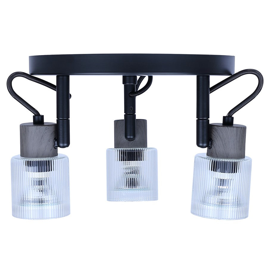 Canarm Owen 13in 3-Light Flush Mount | Industrial Matte Black and Clear Ribbed Glass | Bedroom & Living Room | 13 x 9 x 7 in | Model ICW1198A03BKW10