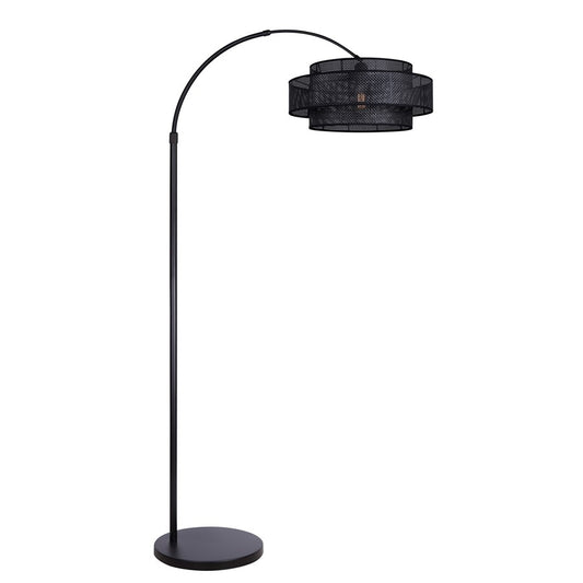Canarm Bellamy 82in 1-Light Arched Floor Lamp | Mid-Century Matte Black Steel and Black Rattan Shade | Living Room & Bedroom | Model IFL1149A82BK-BPR