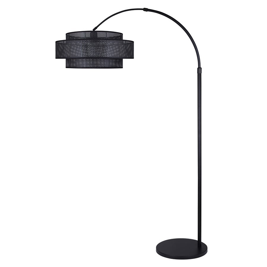 Canarm Bellamy 82in 1-Light Arched Floor Lamp | Mid-Century Matte Black Steel and Black Rattan Shade | Living Room & Bedroom | Model IFL1149A82BK-BPR