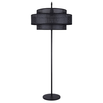 Canarm Bellamy 82in 1-Light Arched Floor Lamp | Mid-Century Matte Black Steel and Black Rattan Shade | Living Room & Bedroom | Model IFL1149A82BK-BPR