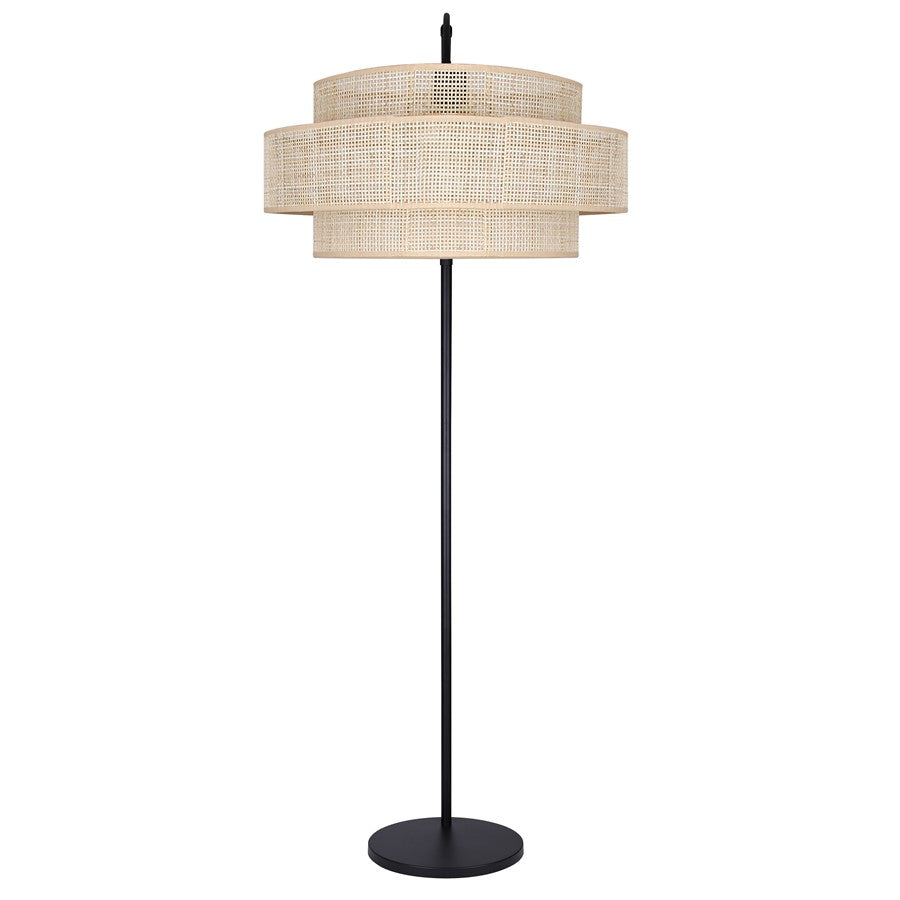 Canarm Bellamy 82in 1-Light Arched Floor Lamp | Mid-Century Matte Black Steel and Natural Rattan Shade | Living Room | Model IFL1149A82BK-NR