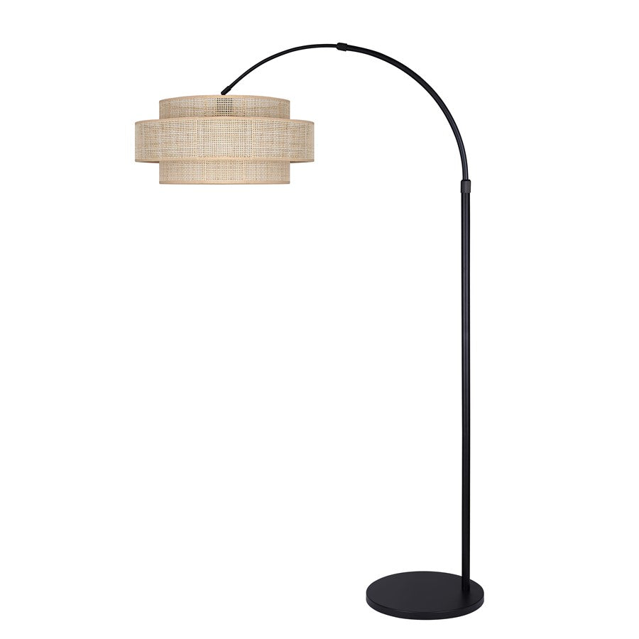 Canarm Bellamy 82in 1-Light Arched Floor Lamp | Mid-Century Matte Black Steel and Natural Rattan Shade | Living Room | Model IFL1149A82BK-NR