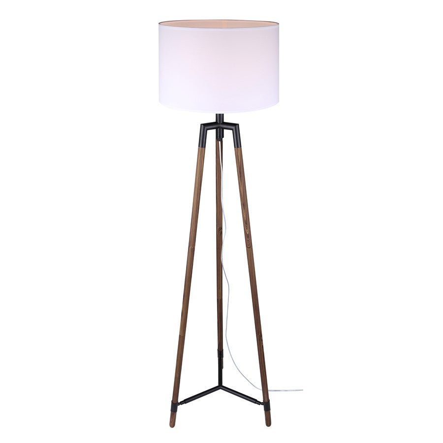 Canarm Cameram 62.5in 1-Light Floor Lamp | Matte Black and Faux Woodgrain Metal with White Fabric Shade | Living Room, Bedroom | Model IFL2126B62BKW