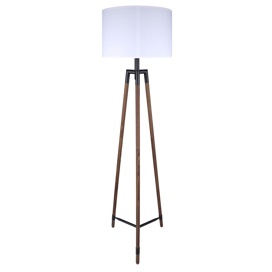 Canarm Cameram 62.5in 1-Light Floor Lamp | Matte Black and Faux Woodgrain Metal with White Fabric Shade | Living Room, Bedroom | Model IFL2126B62BKW