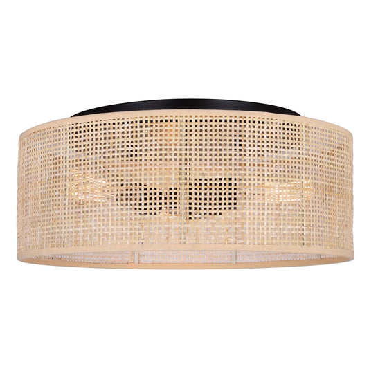 Canarm Bellamy 16in 3-Light Flush Mount | Rustic Black and Natural Rattan Shade | Bedroom & Hallway | 16.25 x 16.25 x 6.88 in | Model IFM1149A15NBK