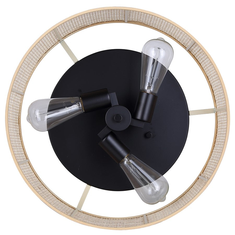 Canarm Bellamy 16in 3-Light Flush Mount | Rustic Black and Natural Rattan Shade | Bedroom & Hallway | 16.25 x 16.25 x 6.88 in | Model IFM1149A15NBK