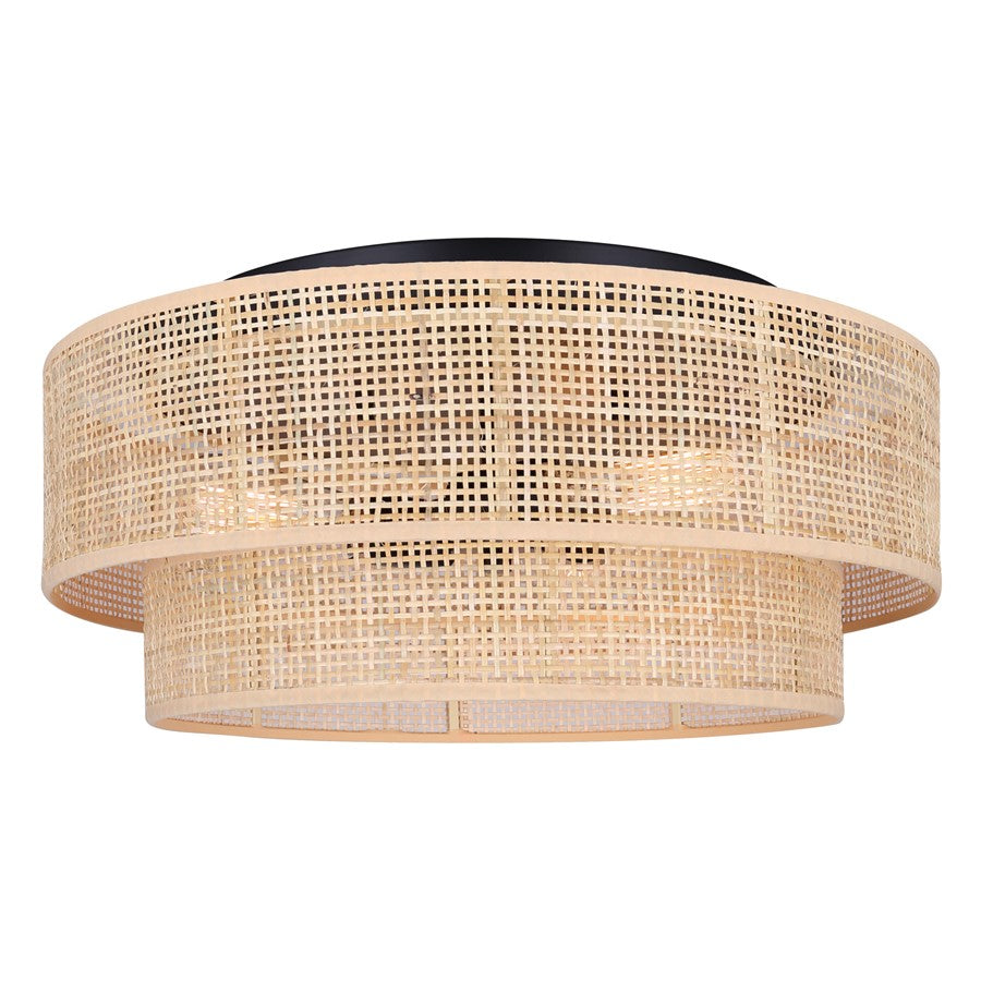 Canarm Bellamy 19in 3-Light Flush Mount | Boho Matte Black and Natural Rattan Shade | Bedroom & Hallway | 19 x 19 x 8 in | Model IFM1149A19NBK