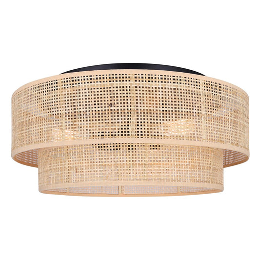 Canarm Bellamy 19in 3-Light Flush Mount | Boho Matte Black and Natural Rattan Shade | Bedroom & Hallway | 19 x 19 x 8 in | Model IFM1149A19NBK