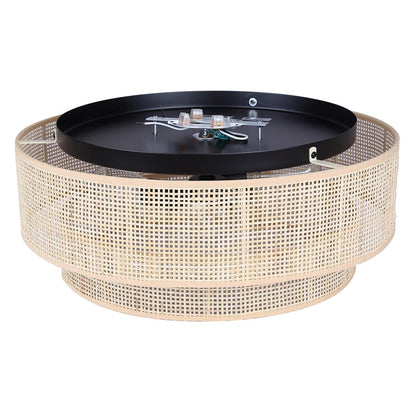 Canarm Bellamy 19in 3-Light Flush Mount | Boho Matte Black and Natural Rattan Shade | Bedroom & Hallway | 19 x 19 x 8 in | Model IFM1149A19NBK