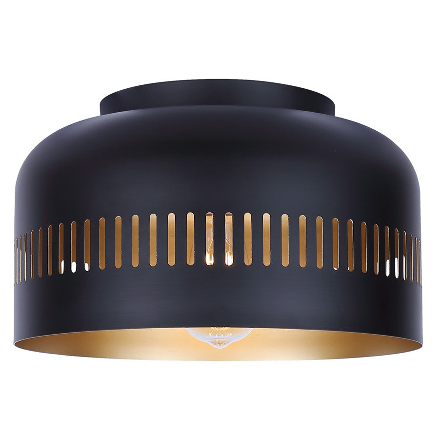 Canarm Miles 13in 1-Light Flush Mount | Matte Black Steel with Gold Interior | Kitchen & Bedroom | 13 x 13 x 7.5 in | Model IFM1207A13BK