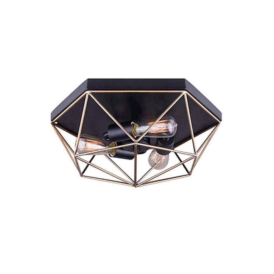 Canarm Greer 15in 3-Light Flush Mount | Matte Black & Gold Cage | Bedroom & Hallway | 15 x 13 x 7 in | Model IFM676A15BKG
