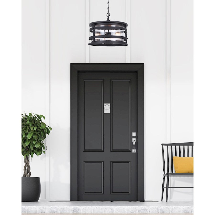 Canarm Duffy 17in 3-Light Outdoor Pendant | Industrial Matte Black and Seeded Glass | Covered Patio & Entryway | 17 x 17 x 14 in | Model IOL520BK