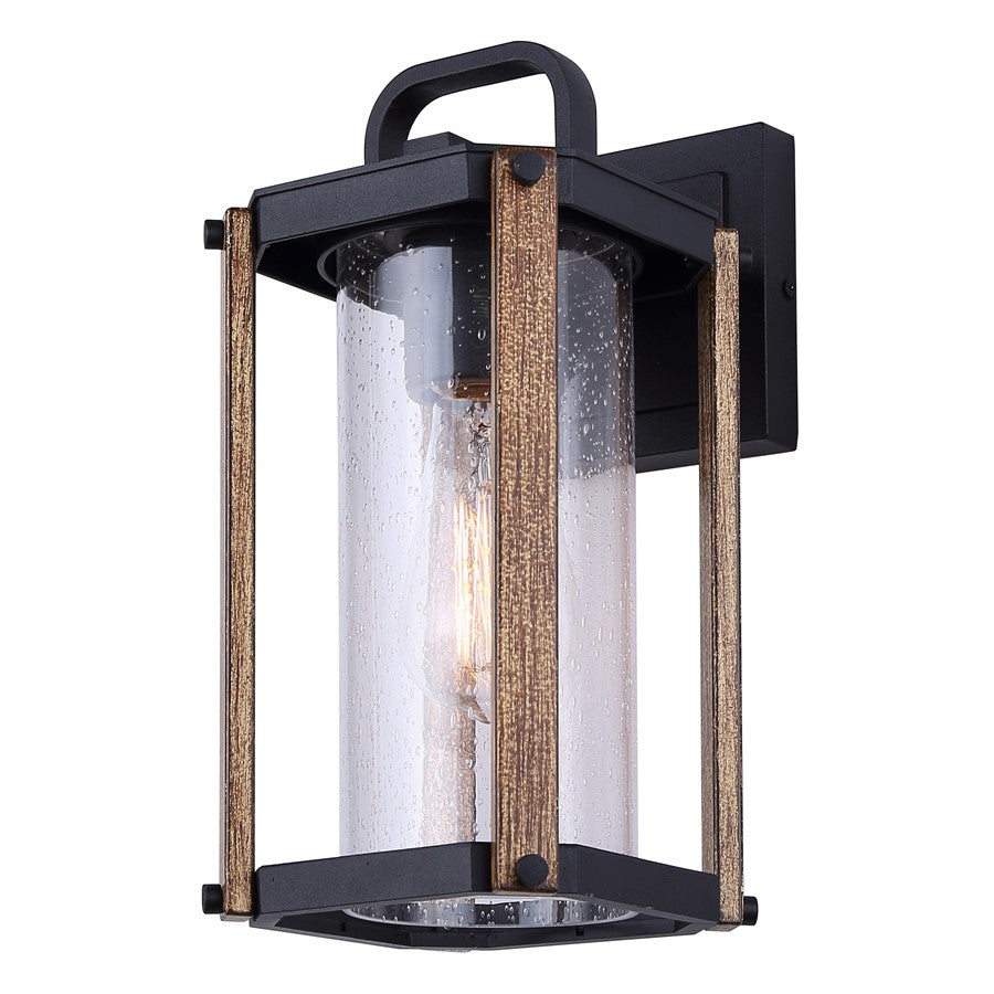 Canarm Aki 12in 1-Light Outdoor Lantern | Rustic Black & Wood Metal with Clear Seeded Glass | Porch & Patio | 7 x 5.6 x 12 in | Model IOL697BKW