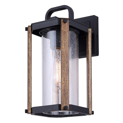 Canarm Aki 12in 1-Light Outdoor Lantern | Rustic Black & Wood Metal with Clear Seeded Glass | Porch & Patio | 7 x 5.6 x 12 in | Model IOL697BKW