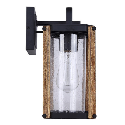 Canarm Aki 12in 1-Light Outdoor Lantern | Rustic Black & Wood Metal with Clear Seeded Glass | Porch & Patio | 7 x 5.6 x 12 in | Model IOL697BKW