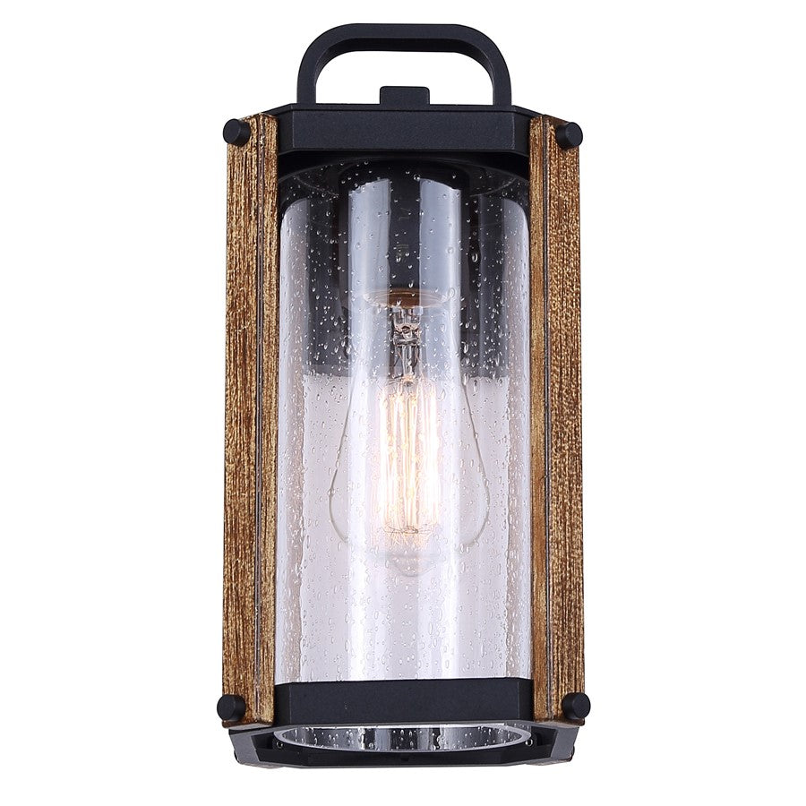 Canarm Aki 12in 1-Light Outdoor Lantern | Rustic Black & Wood Metal with Clear Seeded Glass | Porch & Patio | 7 x 5.6 x 12 in | Model IOL697BKW