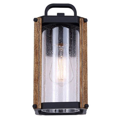 Canarm Aki 12in 1-Light Outdoor Lantern | Rustic Black & Wood Metal with Clear Seeded Glass | Porch & Patio | 7 x 5.6 x 12 in | Model IOL697BKW