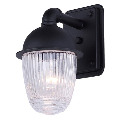 Canarm Seni 10in 1-Light Outdoor Lantern | Industrial Matte Black Metal & Clear Ribbed Glass | Porch & Pathway | 7 x 5 x 10 in | Model IOL698BK