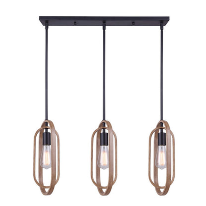 Canarm Dilan 31in 3-Light Pendant | Industrial Matte Black and Brushed Brown Wood | Kitchen Island & Dining Room | Model IPL1078A03BKB