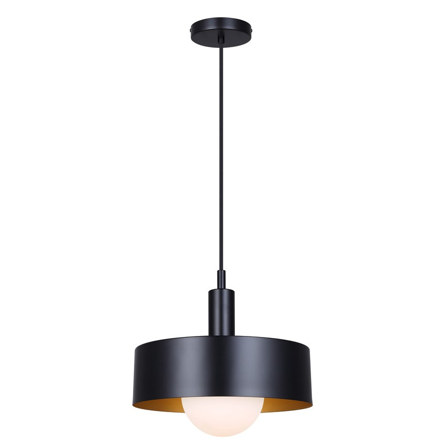 Canarm Daylon 12in 1-Light Pendant | Mid-Century Matte Black and Opal Glass | Kitchen Island & Dining Room | Model IPL1150A01BK