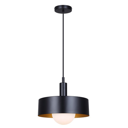 Canarm Daylon 12in 1-Light Pendant | Mid-Century Matte Black and Opal Glass | Kitchen Island & Dining Room | Model IPL1150A01BK
