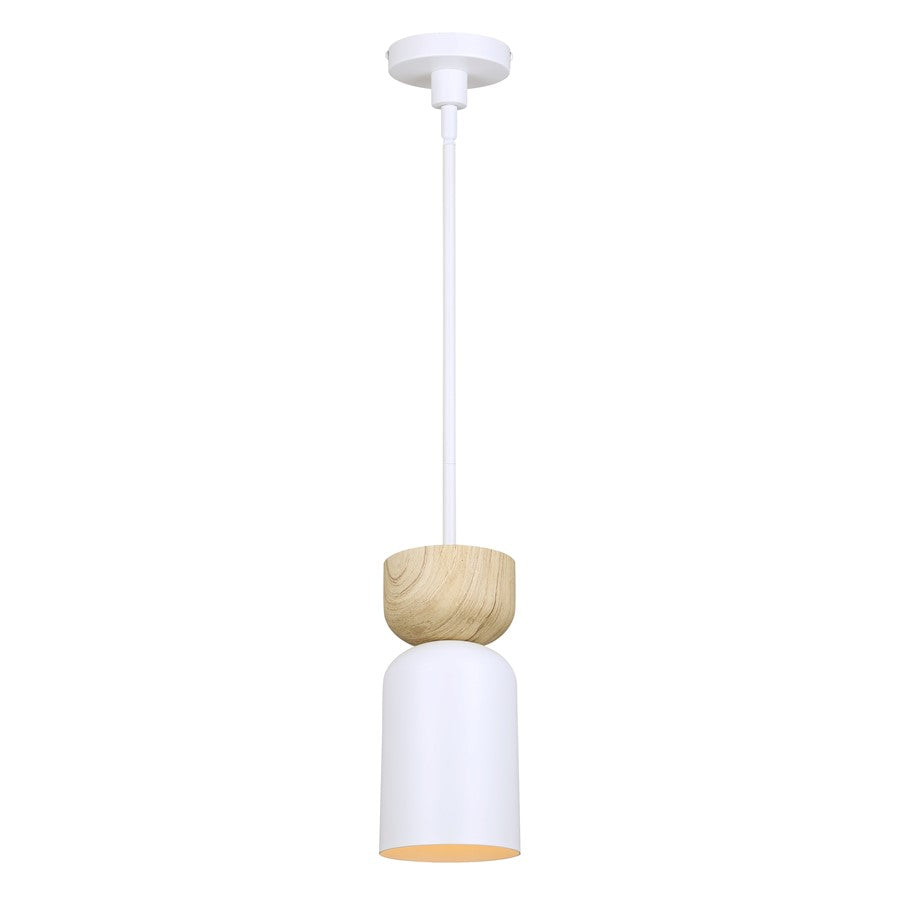 Canarm Caleb 5in 1-Light Pendant | Minimalist Matte White and Faux Wood | Kitchen Island & Dining Room | 4.75 x 4.75 x 17.75 in | Model IPL1152A01WHW
