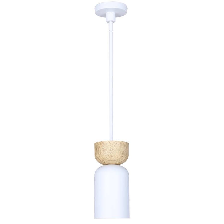 Canarm Caleb 5in 1-Light Pendant | Minimalist Matte White and Faux Wood | Kitchen Island & Dining Room | 4.75 x 4.75 x 17.75 in | Model IPL1152A01WHW