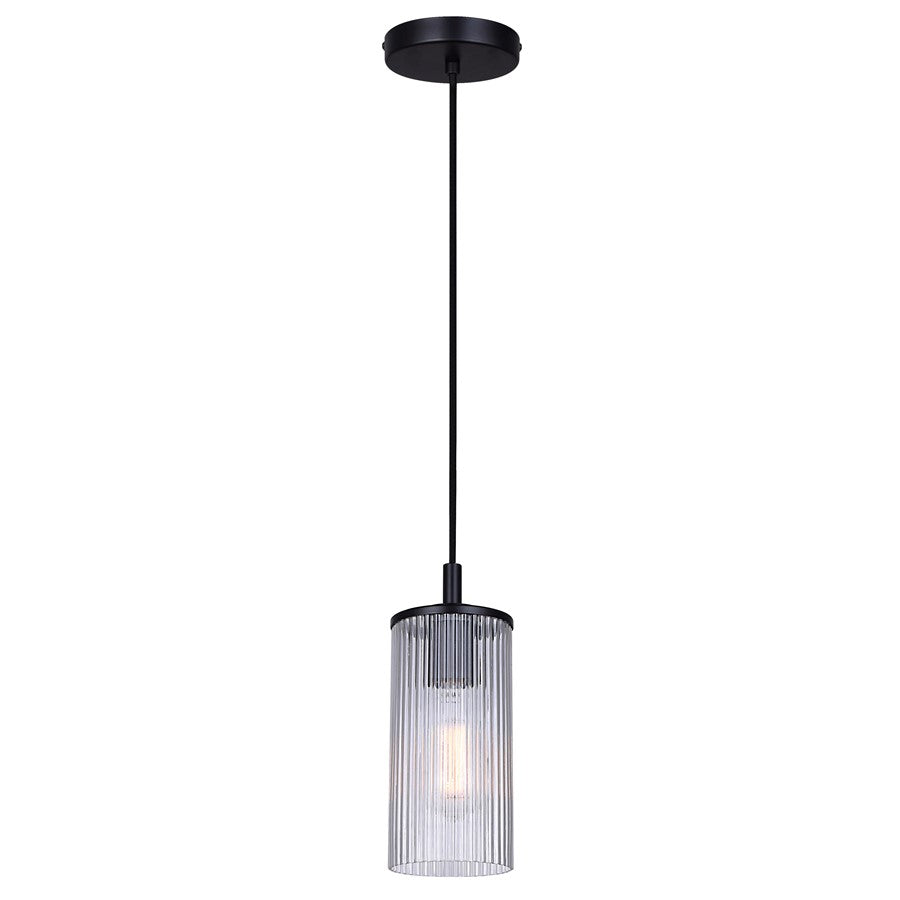 Canarm Kinslea 4.75in 1-Light Pendant | Matte Black and Clear Ribbed Glass | Kitchen Island & Dining Room | Model IPL1165A01BK-CR