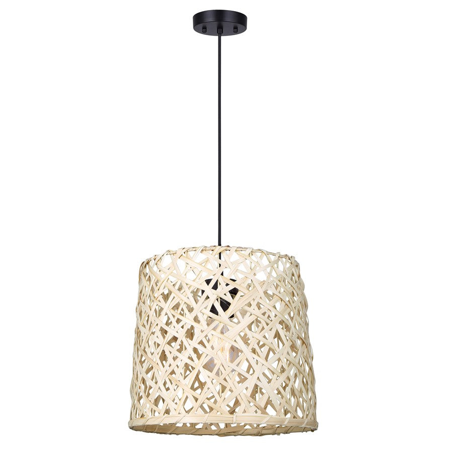 Canarm Tash 13.25in 1-Light Pendant | Matte Black and Bamboo | Kitchen Island & Dining Room | 13.25 x 13.25 x 13 in | Model IPL2026B01BK