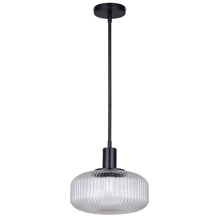 Canarm Ledger 10.5in 1-Light Pendant | Matte Black and Clear Ribbed Glass | Kitchen & Dining Room | 10.5 x 10.5 x 12.63 in | Model IPL2104B01BK