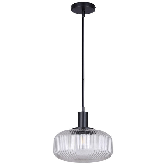 Canarm Ledger 10.5in 1-Light Pendant | Matte Black and Clear Ribbed Glass | Kitchen & Dining Room | 10.5 x 10.5 x 12.63 in | Model IPL2104B01BK