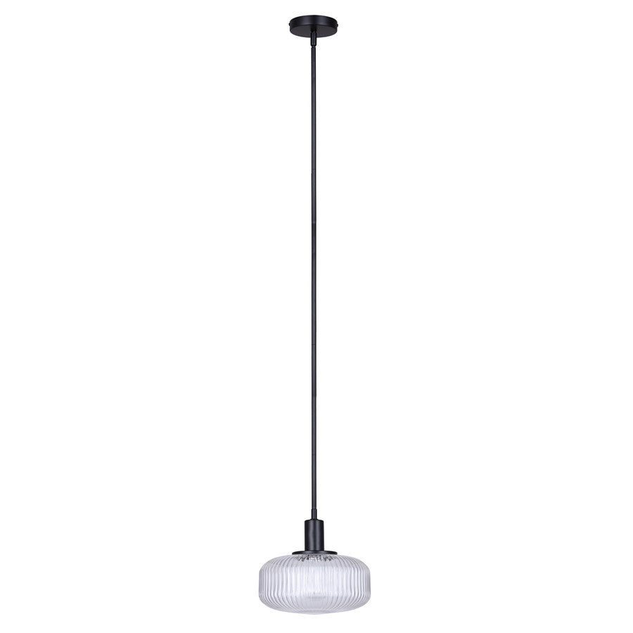 Canarm Ledger 10.5in 1-Light Pendant | Matte Black and Clear Ribbed Glass | Kitchen & Dining Room | 10.5 x 10.5 x 12.63 in | Model IPL2104B01BK