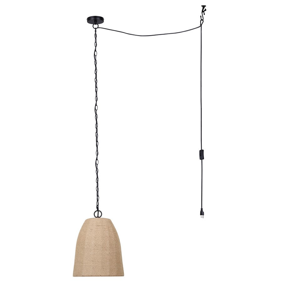 Canarm Malmo 12in 1-Light Pendant | Boho Matte Black and Natural Rope Shade | Bedroom & Dining Room | 12 x 12 x 16 in | Model IPL2113B01BKR