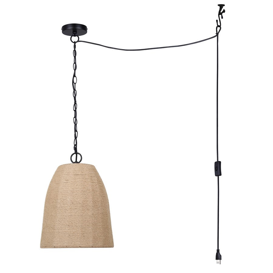 Canarm Malmo 12in 1-Light Pendant | Boho Matte Black and Natural Rope Shade | Bedroom & Dining Room | 12 x 12 x 16 in | Model IPL2113B01BKR