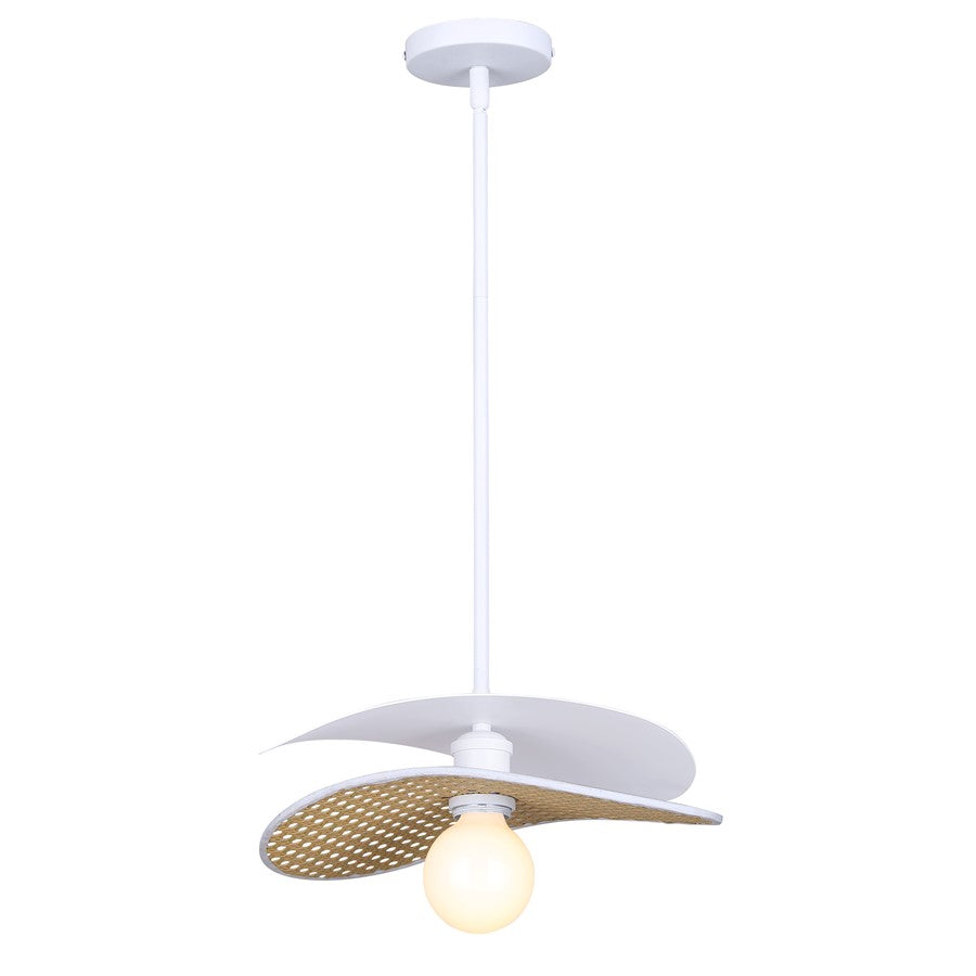Canarm Elodie 13.75in 1-Light Pendant | Contemporary Matte White Steel & Rattan | Kitchen & Dining Room | Model IPL2181B01WHP
