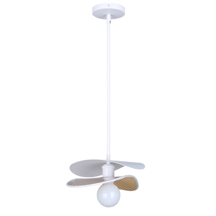 Canarm Elodie 13.75in 1-Light Pendant | Contemporary Matte White Steel & Rattan | Kitchen & Dining Room | Model IPL2181B01WHP