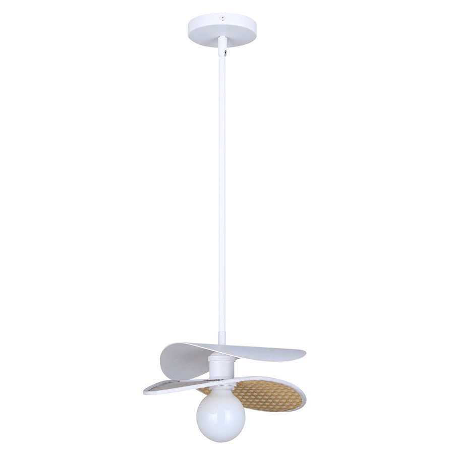 Canarm Elodie 13.75in 1-Light Pendant | Contemporary Matte White Steel & Rattan | Kitchen & Dining Room | Model IPL2181B01WHP