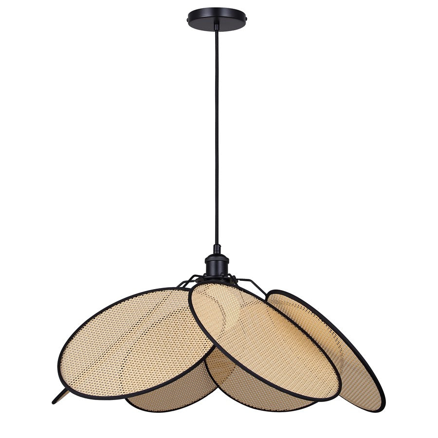 Canarm Madison 23.6in 1-Light Pendant | Modern Matte Black Steel & Rattan | Dining Room & Kitchen Island | Model IPL2182B01BKP