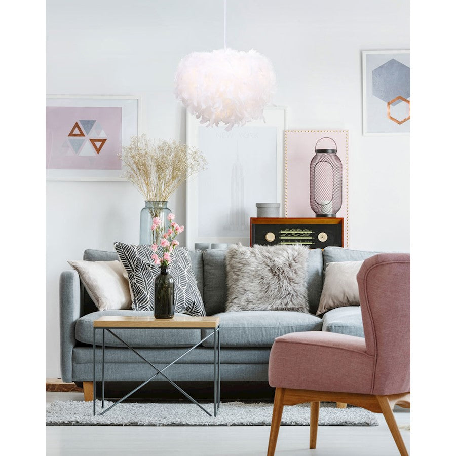 Canarm Aldora 21in 1-Light Pendant | Matte White Feather Shade | Bedroom & Nursery | 21 x 21 x 14.5 in | Model IPL738B01WH