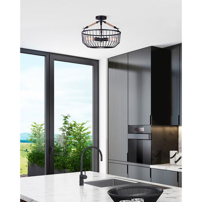 Canarm Theo 18in 1-Light Semi-Flush Mount | Matte Black Metal with Rope Accent | Industrial Farmhouse Ceiling Light | Model ISF1061A03BK