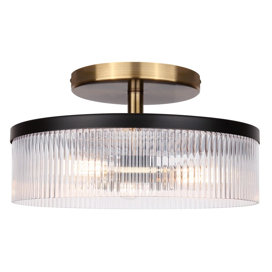 Canarm Jenner 15in 3-Light Semi-Flush Mount | Modern Matte Black and Gold with Clear Ribbed Glass | Hallway & Bedroom | Model ISF1143A03BKG