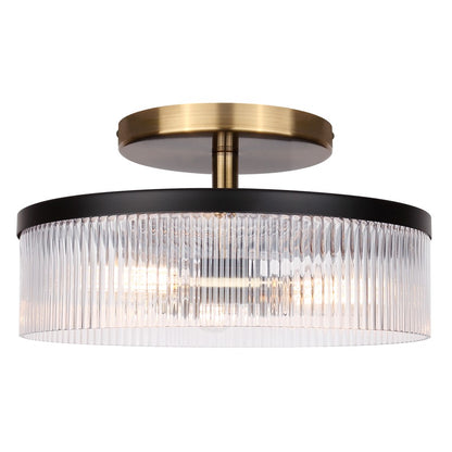 Canarm Jenner 15in 3-Light Semi-Flush Mount | Modern Matte Black and Gold with Clear Ribbed Glass | Hallway & Bedroom | Model ISF1143A03BKG
