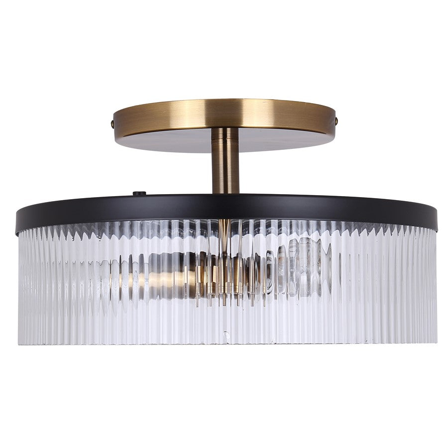 Canarm Jenner 15in 3-Light Semi-Flush Mount | Modern Matte Black and Gold with Clear Ribbed Glass | Hallway & Bedroom | Model ISF1143A03BKG