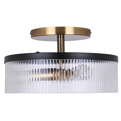 Canarm Jenner 15in 3-Light Semi-Flush Mount | Modern Matte Black and Gold with Clear Ribbed Glass | Hallway & Bedroom | Model ISF1143A03BKG